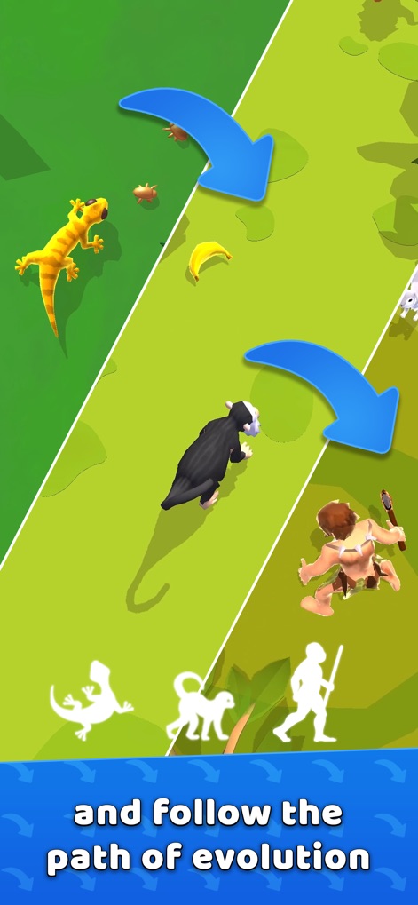 Hyper Evolution - Observe creatures like the gecko and early hominids as they transition through distinct environmental stages using clear directional arrows.