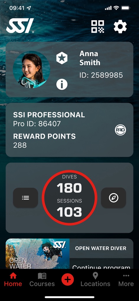 MySSI - Users can easily view their personal profile with ID and track their progress with a prominent dive and session counter.