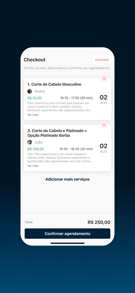 AppBarber: Cliente - The checkout process displays a detailed summary of selected services and total cost, concluding with a prominent button to confirm the appointment.