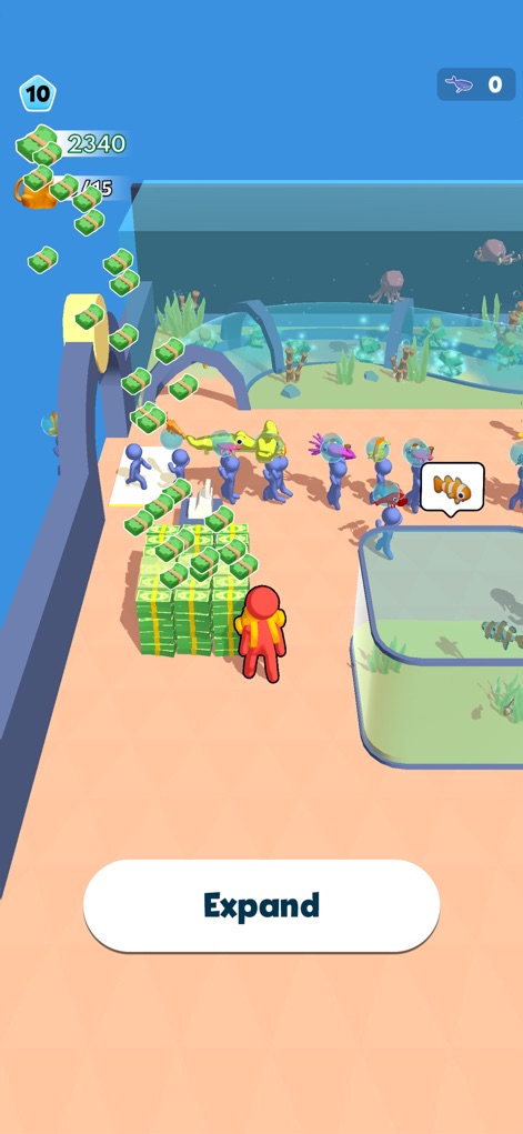 Aquarium Land - Fishbowl World - This tool illustrates successful expansion with substantial piles of cash and the visibly larger, grander main aquarium area.