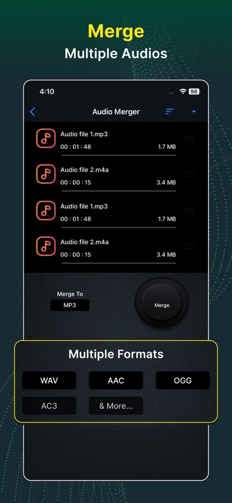 Video Converter and Compressor - Esta tela facilita a união de vários arquivos de áudio, listando os itens a serem mesclados com seus respectivos tamanhos e oferecendo a seleção de múltiplos "Formats" de saída.