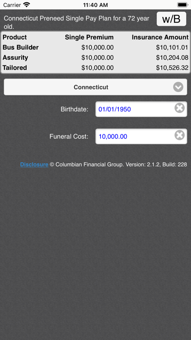CFG Preneed Rate Calculator Screenshot