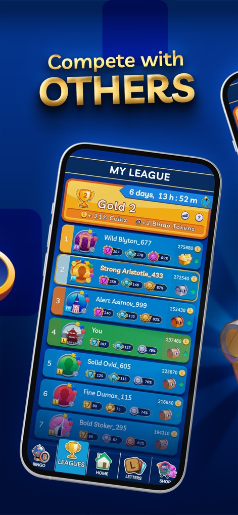 Lingo - official word game - Discover the app's competitive league system, allowing players to track their ranking and earn bonus coins and Bingo Tokens.