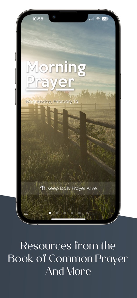 Daily Prayer App - View the 'Morning Prayer' display, clearly showing the current date and a tranquil misty morning scene, inviting users into their daily rhythm.