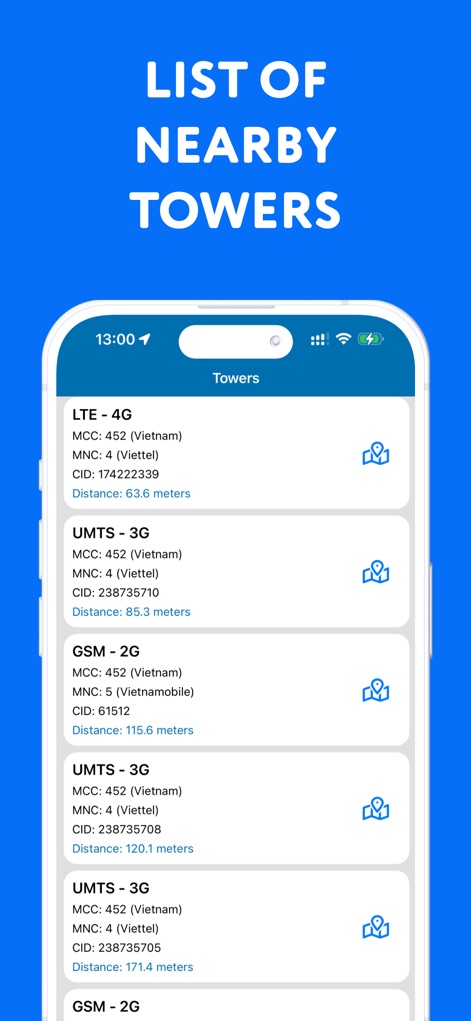 Cellular Tower - Signal Finder - Viene presentata una lista dettagliata delle torri cellulari disponibili nelle immediate vicinanze (X), offrendo informazioni cruciali come la distanza precisa da ciascuna torre (Y) per supportare una scelta di connessione consapevole.