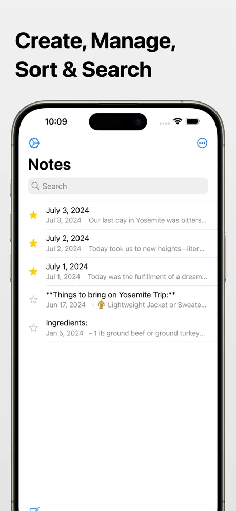 List of 5 notes, with 3 starred notes at the top