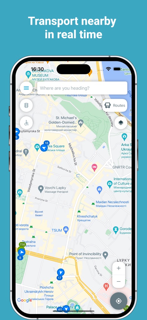 Eway public transport - 이 앱은 현재 위치 주변의 대중교통을 실시간으로 보여주며, 상단 검색창과 지도 위의 다양한 아이콘을 통해 정보를 제공합니다.