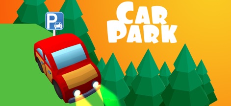 Car Parking Jam: Escape Spot - The app's distinctive 'CAR PARK' title is featured alongside a cheerful red car illustration, set against a backdrop of stylized trees and a parking sign.