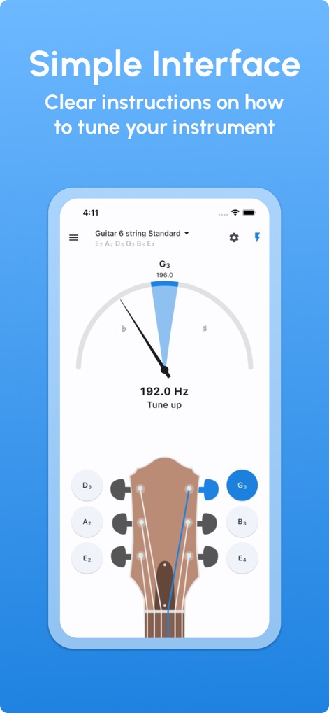 Guitar Tuner - LikeTones - L'application présente une interface claire avec un indicateur de réglage visuel et des bulles de sélection de cordes, guidant les utilisateurs pour accorder leur instrument sans effort.