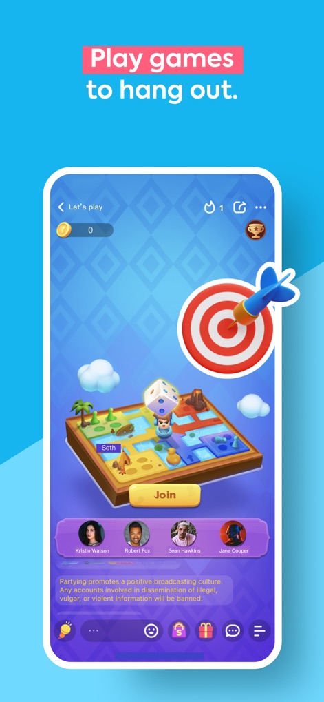 Partying - Games, chats, text - The app provides interactive social games, illustrated by a vibrant board game setup and integrated player avatars.