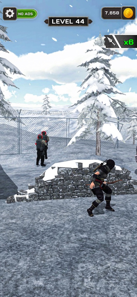 Archer Attack 3D: Shooter War - Experience the diverse environmental challenges, as the archer navigates snowy terrain and engages enemies near frosty evergreen trees and barbed wire fences.