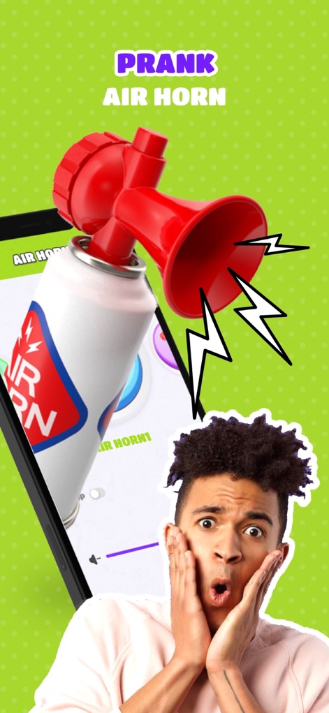Prank App, Voice Changer - The app brings classic pranks to life with a prominent 3D air horn graphic and a visual depiction of a person's startled reaction.