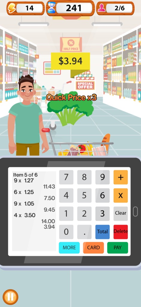 Supermarket Cashier Simulator - The app highlights efficient pricing with a "Quick Price x3" bonus and an itemized list on the calculator, accelerating the checkout process.