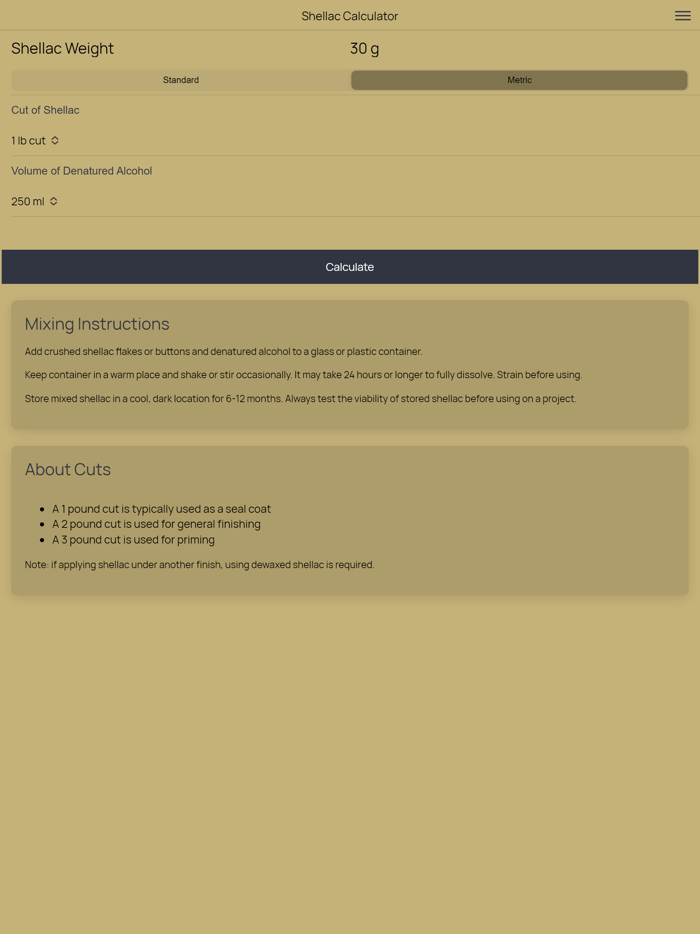 Shellac Calculator