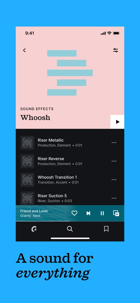 Epidemic Sound Music for Video - L'application offre une vaste bibliothèque d'effets sonores classés par type, comme le "Whoosh", représentés visuellement par des formes d'onde stylisées.