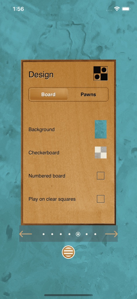 Checkers game - Personalize the game's aesthetic through the 'Design' menu, allowing users to select a custom 'Background' color and tailor the 'Checkerboard' pattern to their preference.