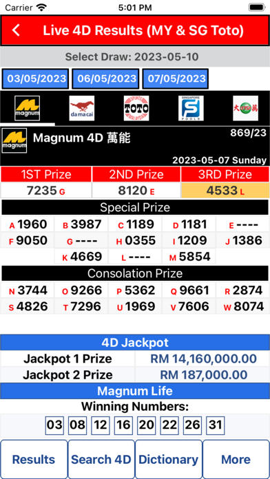 Live 4D Results Toto 4D Screenshot