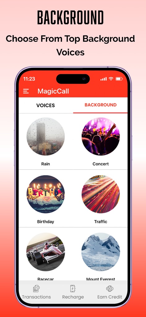 MagicCall - Voice Changer App - Discover an array of background sound categories, each depicted with thematic imagery to immerse calls in unique environmental settings.