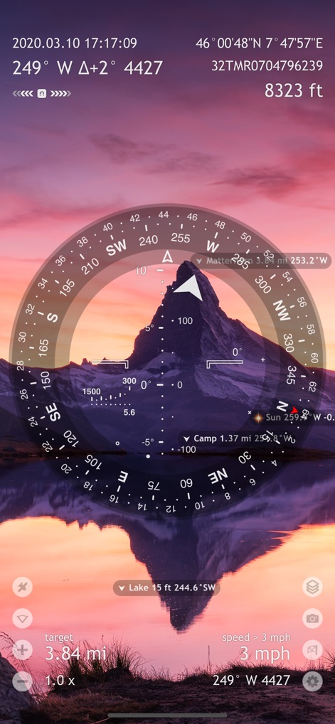 Spyglass - Users can leverage the augmented reality display for real-time object tracking, effortlessly finding key locations like 'Matterhorn' overlaid on the live camera view.