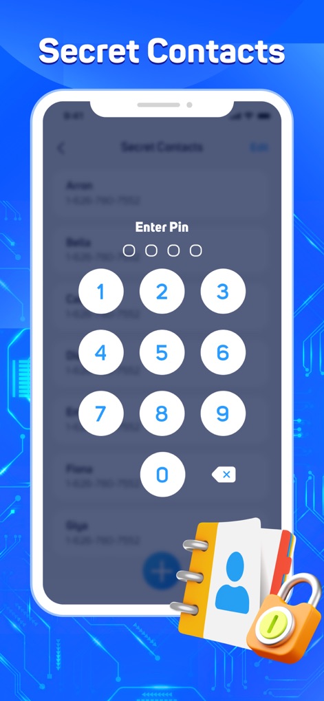 Quick Cleaner : Clean Storage - Understand how the app safeguards personal contacts through a secure 'Secret Contacts' section, accessible via a PIN entry and symbolized by the locked notepad icon.