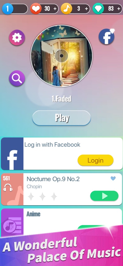 Piano Music Tiles: Anime & Pop - The app presents an intuitive music hub with a prominent central album art display and clearly categorized song selections, including dedicated anime tracks.