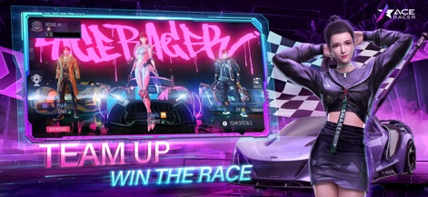 Ace Racer - Esta tela enfatiza o sistema de cooperação, onde os usuários podem formar equipes com outros jogadores e visualizar seus avatares de piloto e veículos personalizados antes da corrida.