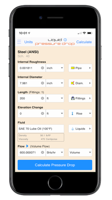 Pipe Flow Liquid Pressure Drop Screenshot