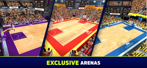 Mini Basketball - Se presentan tres diseños distintos de canchas, cada una con su propio estilo y una multitud entusiasta en las gradas, ofreciendo variedad visual a la experiencia de juego.
