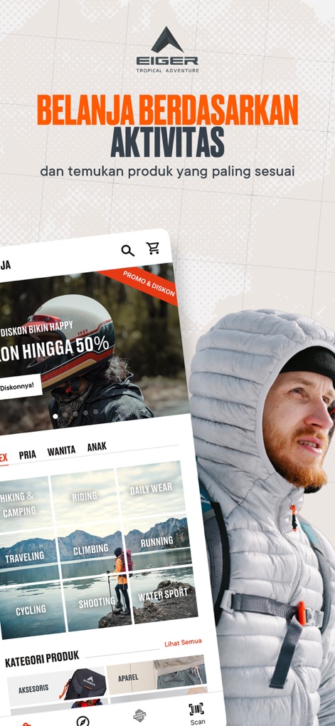 Eiger Adventure - L'app permette agli utenti di esplorare prodotti per specifiche attività outdoor, come mostrato dalle icone delle attività 'HIKING & CAMPING' e 'RIDING', con un banner evidente che segnala "PROMO & DISKON".