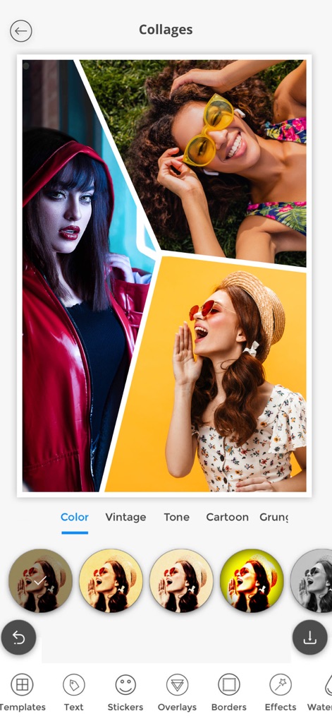 Photo Splash photo editor app - Explore the robust collage creator, allowing users to combine multiple photos into engaging layouts and apply a variety of artistic filter options, including 'Vintage' and 'Cartoon' styles.