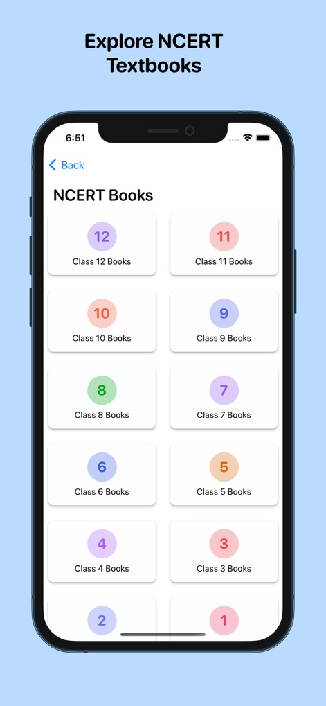 Ncert Books & Solutions - Users can easily navigate through textbooks, selecting specific classes with clear numeric labels for streamlined content access.