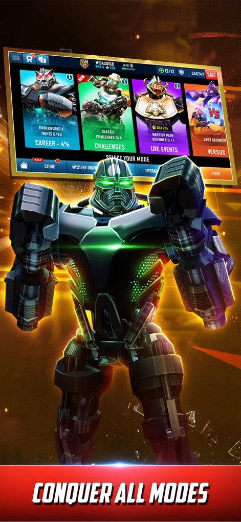 World Robot Boxing - Engage with the comprehensive game mode selection, offering options like Career and Live Events, and admire the imposing design of the foreground robot.