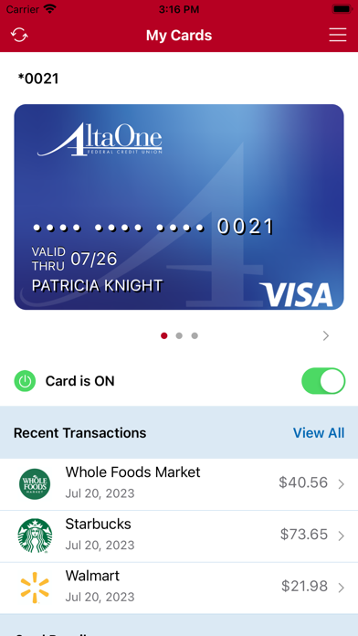 AltaOne Card Control Screenshot