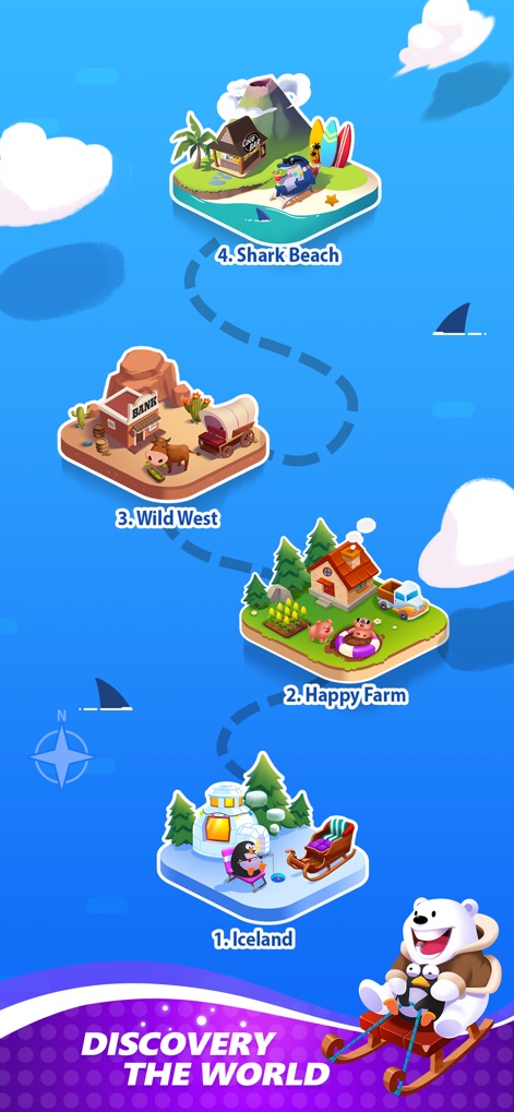 Catch Tiles - Piano Game - The app invites users to embark on a worldwide adventure, navigating through a diverse map showcasing distinct themed locations like the icy Iceland and the vibrant Happy Farm.