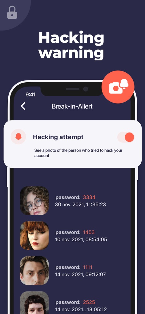 Secret Calculator Photo Vault+ - Dieses Feature warnt Nutzer vor Einbruchsversuchen und zeigt detaillierte Protokolle der versuchten Passworteingaben sowie Bilder der Personen, die versucht haben, unerlaubt zuzugreifen.