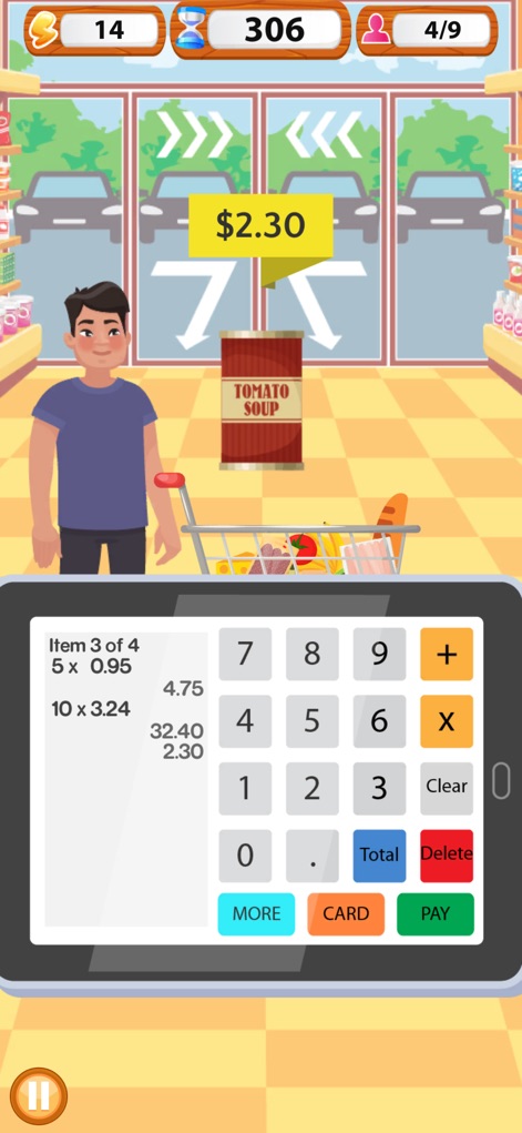 Supermarket Cashier Simulator - The app depicts the streamlined process of items moving towards the register, indicated by directional arrows, and their automatic addition to the calculator's item list.