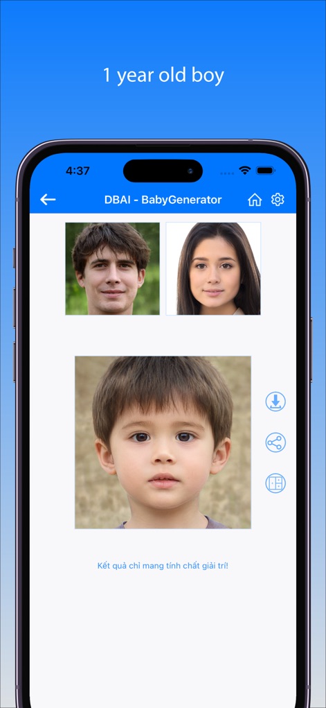 BabyGenerator Guess baby face - See how the app generates a baby's face at a specific age (1 year old boy) and allows users to download or share the result.