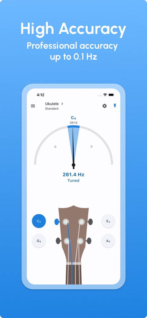 Ukulele Tuner - LikeTones - このアプリは、中央に正確に表示されたメーターと「Tuned」という明確な表示により、0.1 Hzまでの高いプロフェッショナルな精度でチューニングが完了したことをユーザーに示します。