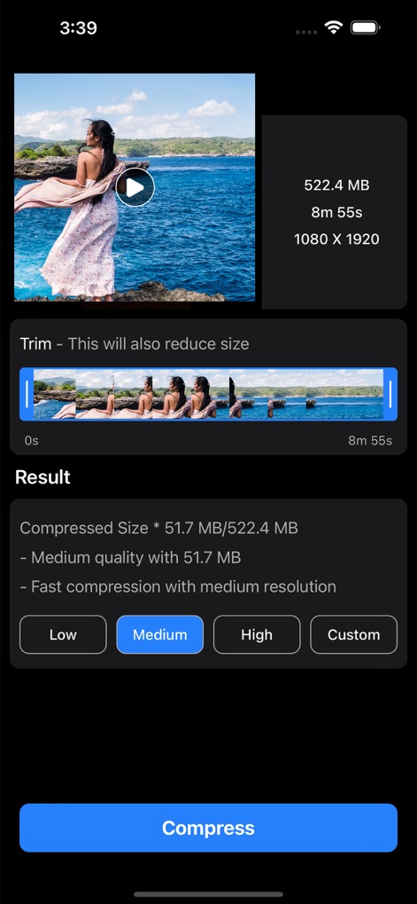 Video Compressor: Resize Video - ユーザーは直感的なトリミングスライダーで動画の長さを調整し、選択可能な圧縮オプションでファイルサイズを効率的に削減できます。