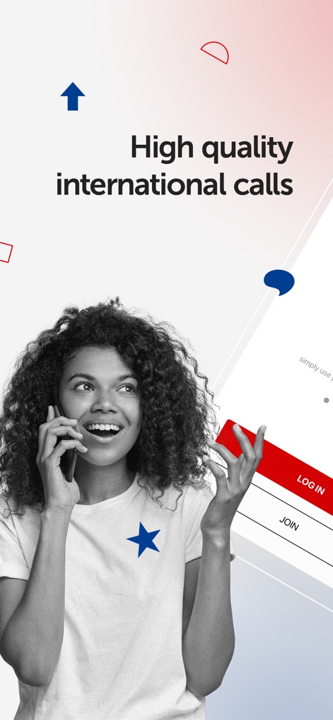 KeepCalling International - このアプリは、ユーザーが明確な音声で高品質な国際通話を行うことを可能にします。ログインまたは新規登録ボタンが明確に表示されており、スムーズな開始を促します。