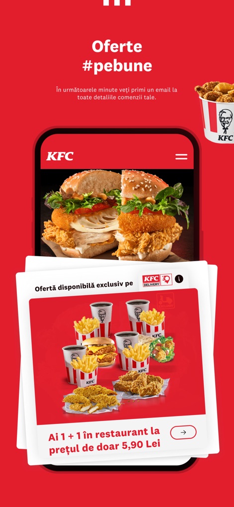 KFC România - This tool highlights unique value propositions, showcasing an 'Exclusive Delivery Offer' and enticing '1+1 deals' for smart savings.