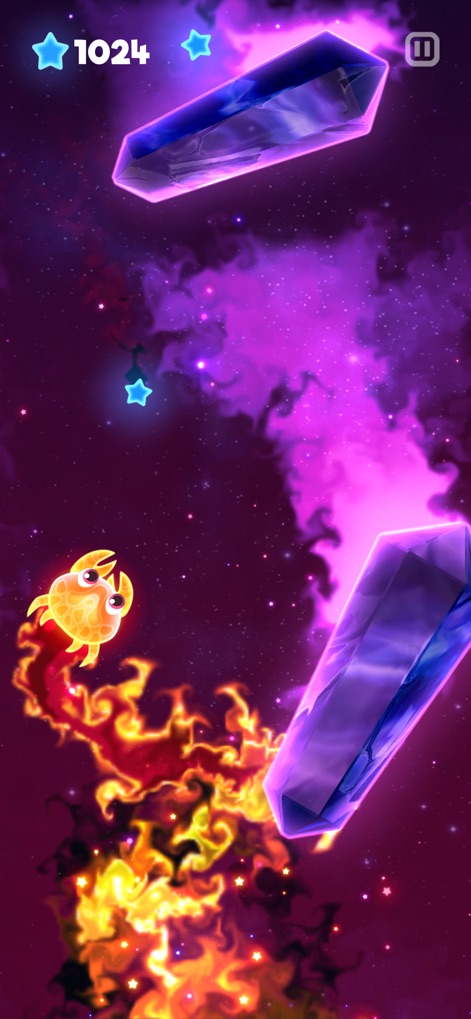 Super Starfish - Watch an orange crab-like creature skillfully maneuver through challenging crystal obstacles, leaving a spectacular fiery trail in its wake.