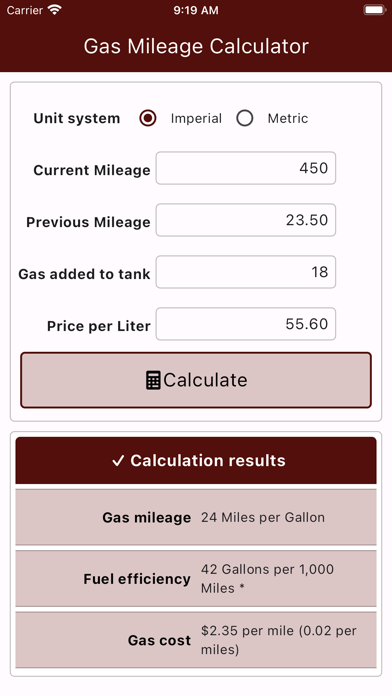 Screenshot #1 pour Gas Mileage Calculator Pro