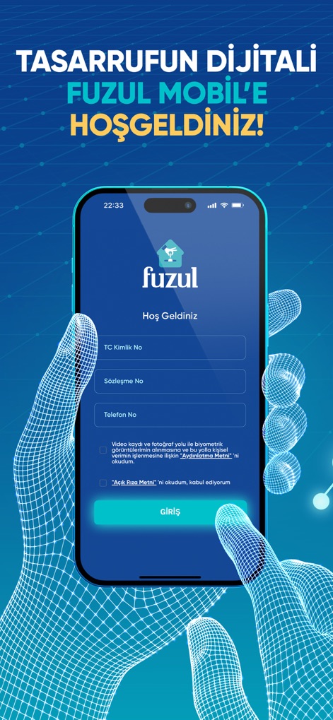 FUZUL Mobil - 이 앱은 사용자가 TC 신분증 번호와 계약 번호를 입력하여 로그인하고, 개인 정보 처리 동의 확인란을 통해 사용자 데이터 보안을 보장합니다.