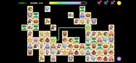 Onet Connect Animal - Classic - This image illustrates a successful match with a clear connecting line, updating the "SCORE: 640" as tiles disappear.