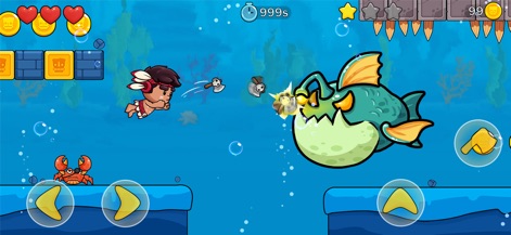 Jungle Adventure: Tribe Boy - La escena presenta un emocionante nivel bajo el agua donde Tribe Boy enfrenta a un pez globo gigante, en un entorno lleno de burbujas y bloques interactivos.