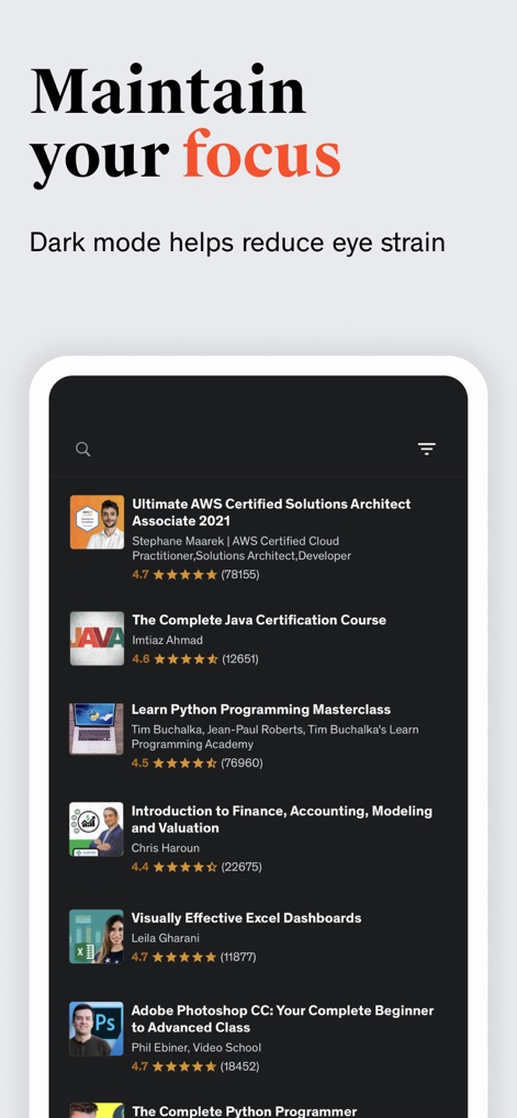 Udemy Online Video Courses - The integrated 'Dark mode' feature helps reduce eye strain, presenting course listings with clear text and intuitive search/filter options for uninterrupted focus.