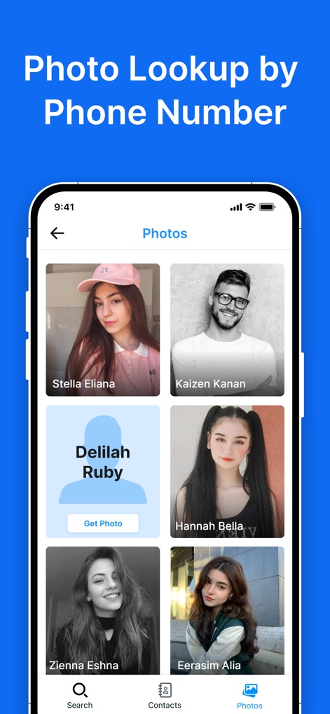 Show Caller Name & Block Spam - La sezione "Photos" permette di visualizzare i profili dei contatti con nomi come "Stella Eliana" e include l'opzione "Get Photo" per aggiungere immagini mancanti.