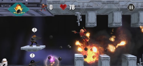 Killer Bean Unleashed - Experience the explosive encounters in action, showcasing Killer Bean navigating floating platforms amidst intense blasts and enemy fire.