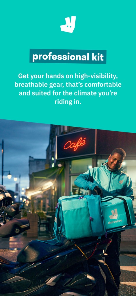 Deliveroo Rider - このビジュアルは、ユーザーが着用する視認性の高いユニフォームと、保温性を考慮したブランドロゴ入り配達バッグをフィーチャーしており、プロフェッショナルな配送体験を強調します。